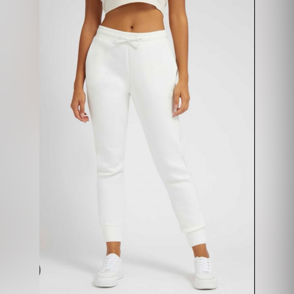 GUESS Allie Scuba Jogger Pants, White, Embossed Logo on Sides, Pockets, SMALL